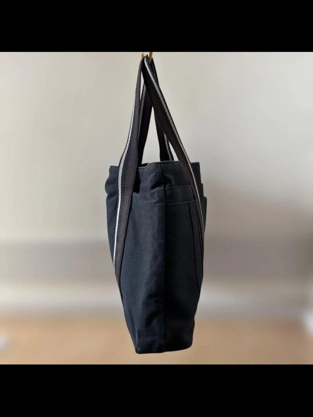 Hermes Black Canvas Tote with Brown and Gray Striped Straps